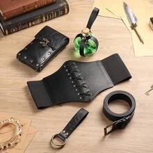 Conjunto de Cinturón de Cuero PU Estilo Punk Vintage Medieval con Bolsa de Cintura, Cinturón, Botella de Poción y Anillo Colgante Multifuncional, Accesorio de Cosplay de Halloween para Actuaciones en Escenario - A - Ver 5