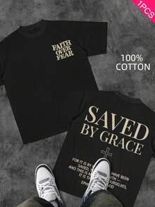 Men's Christian T-Shirt "FAITH OVER FEAR" | Psalm 118:6 Design | Inspirational Streetwear | 100% Cotton | Unisex Fit | Ideal Gift For Believers - 藍白色 - 查看 1