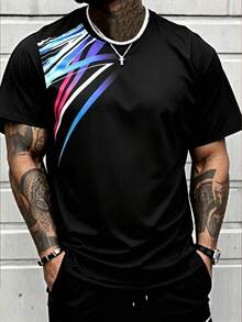 2026 World Cup Fan Celebration Men's Shoulder Colorful Diagonal Stripe Digital Print Quick-Dry Breathable Crew Neck Loose Fit Short Sleeve T-Shirt - Multicolor - View 1