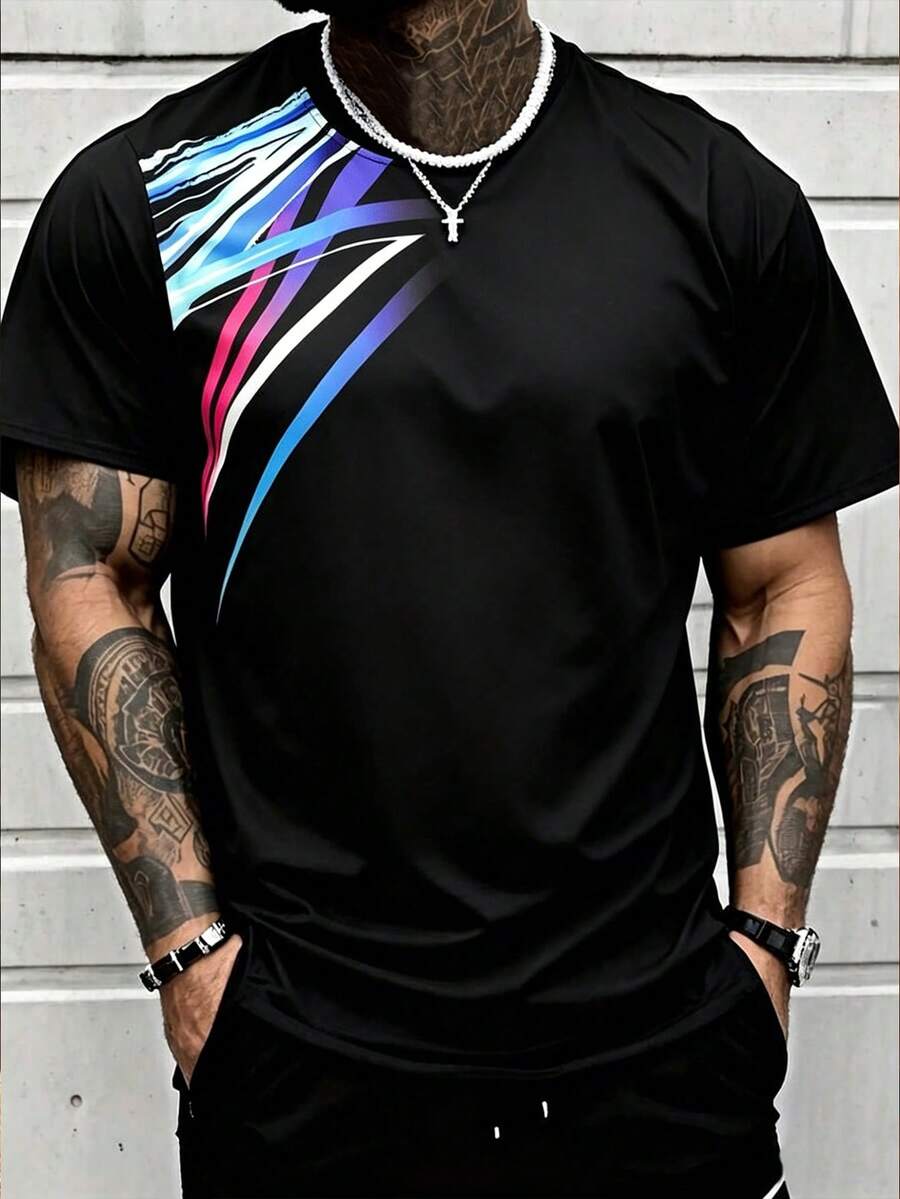 2026 World Cup Fan Celebration Men's Shoulder Colorful Diagonal Stripe Digital Print Quick-Dry Breathable Crew Neck Loose Fit Short Sleeve T-Shirt - Multicolor - View 1