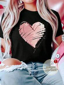 Camiseta casual de mujer, cuello redondo, manga corta, con estampado de corazón rosa. - Negro - Ver 1