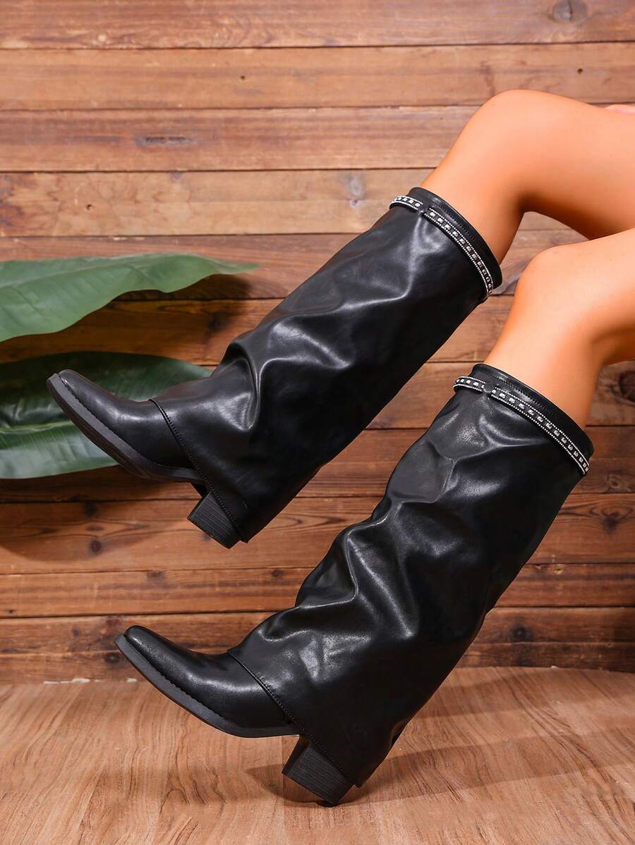 Women's Fold-Over Slip-On Knee-High Boots, Black With Rhinestone Strip Decor, Fashion Slimming Comfortable Versatile Riding Boots, Plus Size Western Style Boots - Black - View 1