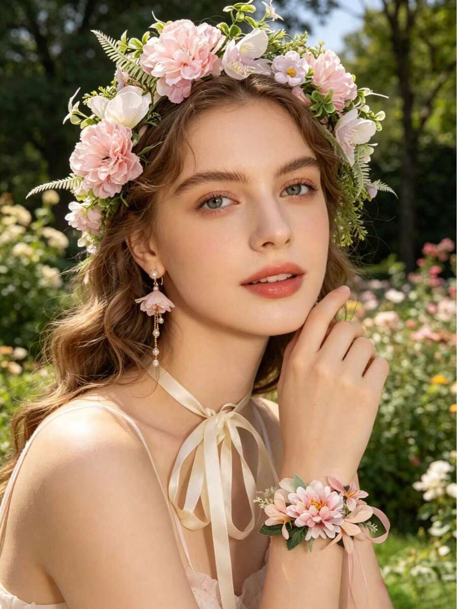 1套 1個花冠 + 1條手鍊 + 1對耳環 森系人造花新娘婚禮季節波希米亞風美學花冠手鍊耳環套裝 - 花環+手 環+耳環 - 查看 1
