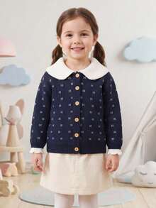 Girls' Korean Style Vintage Geometric Pattern Knit Cardigan With Peter Pan Collar And Open Front - Royal Blue - View 2