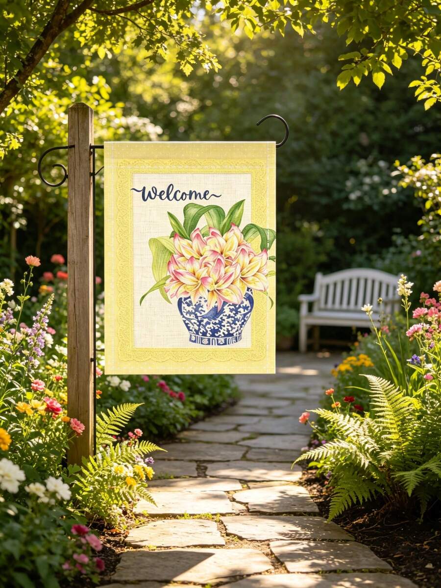 1 pieza Bandera de jardín floral de porcelana con patrón de encaje amarillo, impresión 2D de doble cara, 12*18 pulgadas, solo la bandera sin poste, accesorio decorativo atmosférico, adecuado para decoración del hogar, jardín y patio exterior, regalo festivo - Varios colores - Ver 1