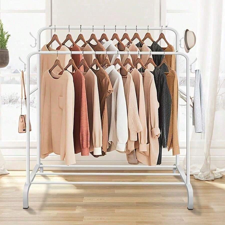 Ultimate Heavy Duty Metal Double Clothes Rail Storage Rack: A Stylish Solution For Hanging Garments, Shoes, Hats & Bags! - White - View 1