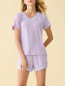 Latuza - Conjunto de Pijama de Manga Corta con Cuello en V para Mujer - Verde - Ver 3