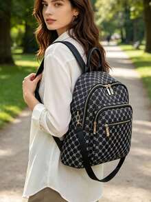 Mochila de gran capacidad para mujeres, bolso clásico de unicolor para damas - Blanco y Negro - Ver 1