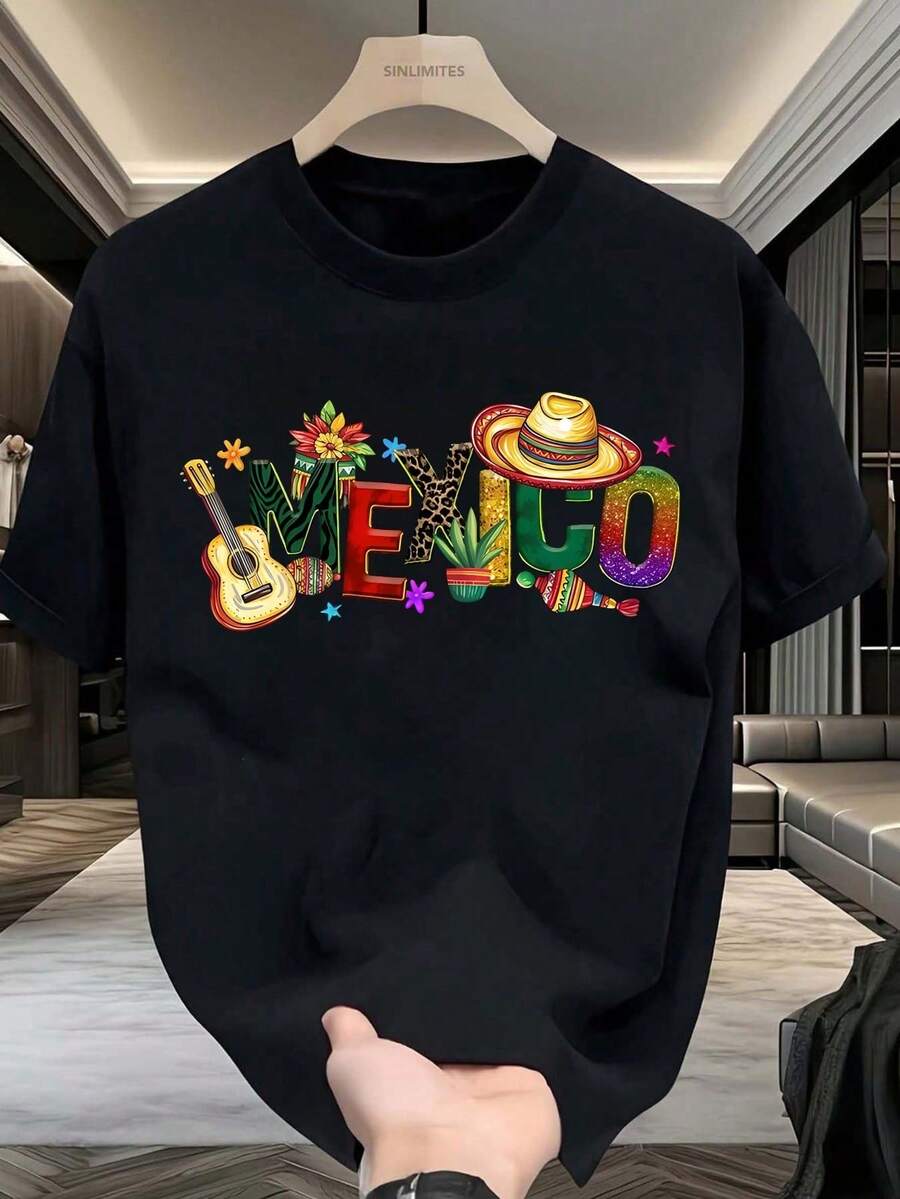 Men's Cotton T-Shirts: Viva Mexico Design | Ideal For Fans Of Mexican Culture | 180gsm, 100% Cotton, Office/Gym Shirt, Y2K Nice Blouses - 黑色 - 查看 1