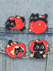 4pcs Cute Black Cat & Red Apple Enamel Brooch Set, Adorable Kitten Fruit Star Pins For Backpack, Straw Hat, Clothing Decoration Gift - Multicolor - View 4