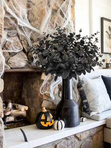 20/4pcs Halloween Black Artificial Branches, Halloween Artificial Pine Tree Flowers, Black Artificial Eucalyptus Branches With Leaves, Halloween Artificial Eucalyptus Flowers, For DIY Vase Bouquet, Gothic Home Style, Room Decor, Autumn Decor - Multicolor - View 9
