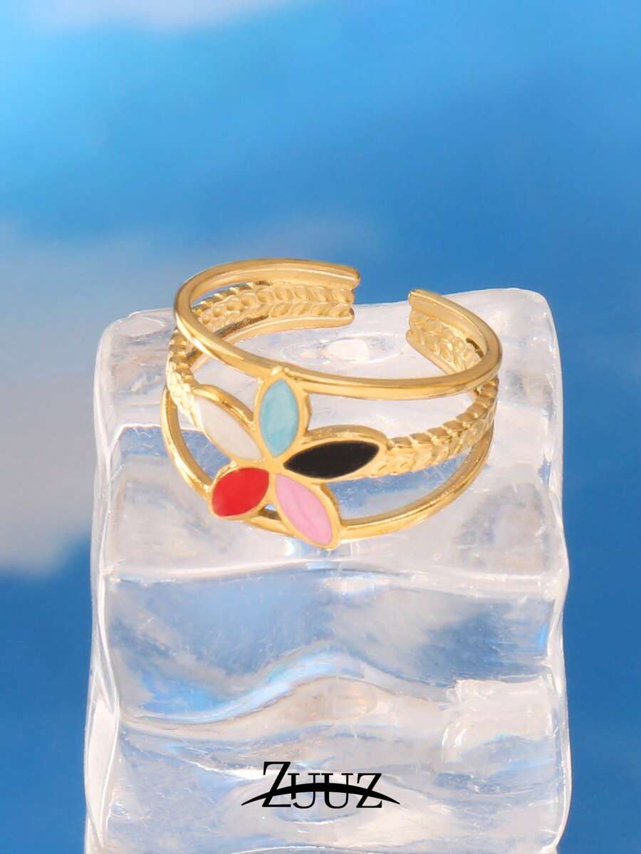 1pc Stainless Steel Flower Ring, Women's Fashion Minimalist 18K Gold Plated Open Ring Jewelry - Ring - View 1