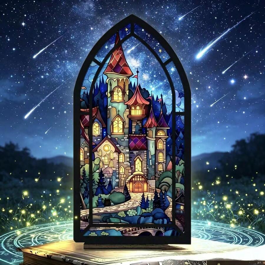 Gothic Stained Glass Fantasy Castle Acrylic Desktop Decor Wooden Starry Sky Bookend House Mori Style Bookshelf Fantasy Enthusiast Gift Decorative Book Room Decor - 1PC - View 1