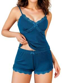 - Conjunto de pijama de punto acanalado suave para mujer, sexy, cuello en V, encaje con ribete de encaje, pantalones cortos con abertura lateral, ropa de dormir - Leopardo marrón - Ver 1