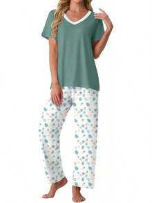 PrinStory - Conjunto de pijama suave de 2 piezas para mujer, conjunto de pijama casual de manga corta con bolsillos - Rayas cian - Ver 11