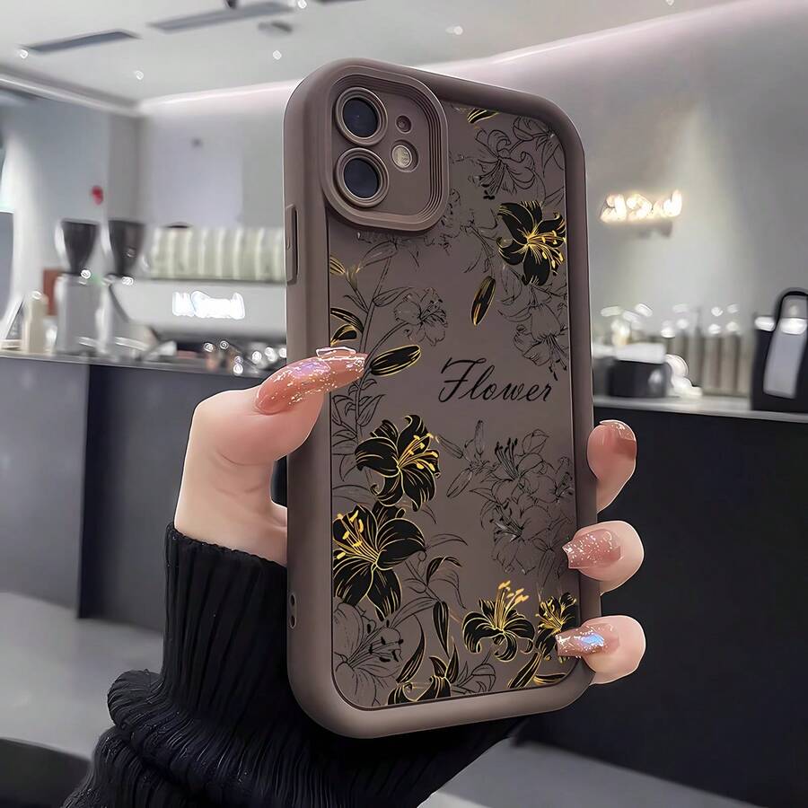 1pc [Pure Android Version] Black & Brown Full Screen Floral Plant Creative Personalized Plant Flower Grass Leaf Minimalist Embossed Painted Innovative Women's, Matte Brown Lens Frame Stepped Design Full Coverage Anti-Drop Soft Shell, [International Version Not Local Version] Suitable For Android/GALAXY/A/S/FE/PLUS/ULTRA/PRO/NOTE/POCO/X/Transsion/HOT/PLAY/SPARK/POP/SMART/RENO/Honor/E/G/Phone Case