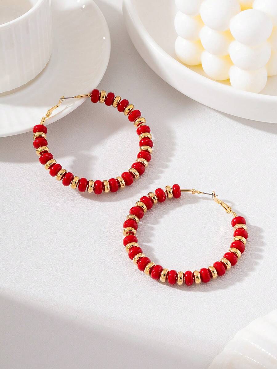Vintage Fashion Personalized Bold Large Hoop Earrings With Red Spray Paint Design, Women's Jewelry Versatile Design Earrings Gift - Red - View 1