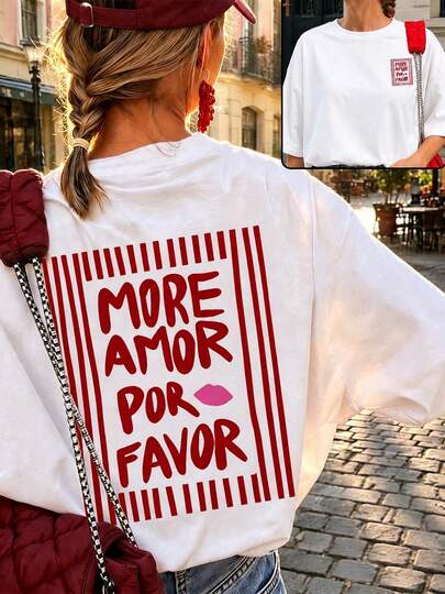 Es Trus 女款夏季「MORE AMOR POR FAVOR」圖案印花街頭風，小眾龐克風白色寬鬆大尺碼圓領短袖休閒上衣