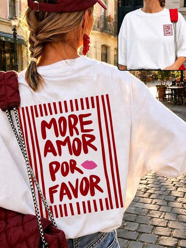 Es Trus 女款夏季「MORE AMOR POR FAVOR」圖案印花街頭風，小眾龐克風白色寬鬆大尺碼圓領短袖休閒上衣