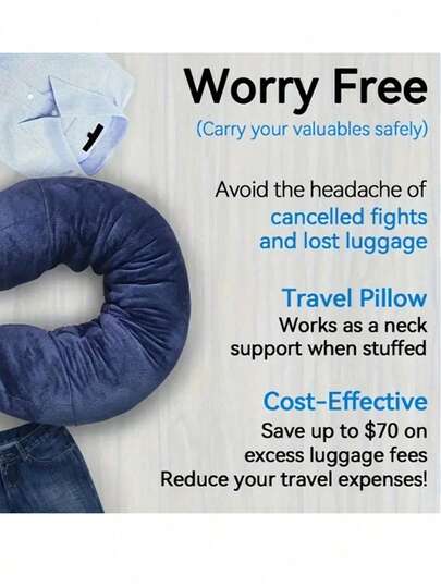 1 Set Multi-Functional U-Shaped Pillow Case, Travel Pillow Case, Suitable For Carry-On Luggage, Can Hold Up To 3 Days Of Travel Essentials. Suitable For Business Trips, Travel And Outdoor Activities