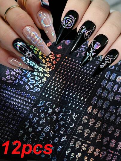12pcs 3D Laser Glitter Snake/Sun/Moon/Star Nail Sticker Kits, Shiny Holographic Iridescent Flower Butterfly Y2K Gothic Cool Self Adhesive Nail Art Sliders Nail Decals, DIY Manicure Decorations