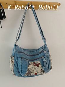 New Chic Casual Shoulder Bag Made Of Soft, Multi-Layered Denim With Multiple Pockets, Versatile, Suitable For Work, Shopping And Travel. - Army Green - View 1