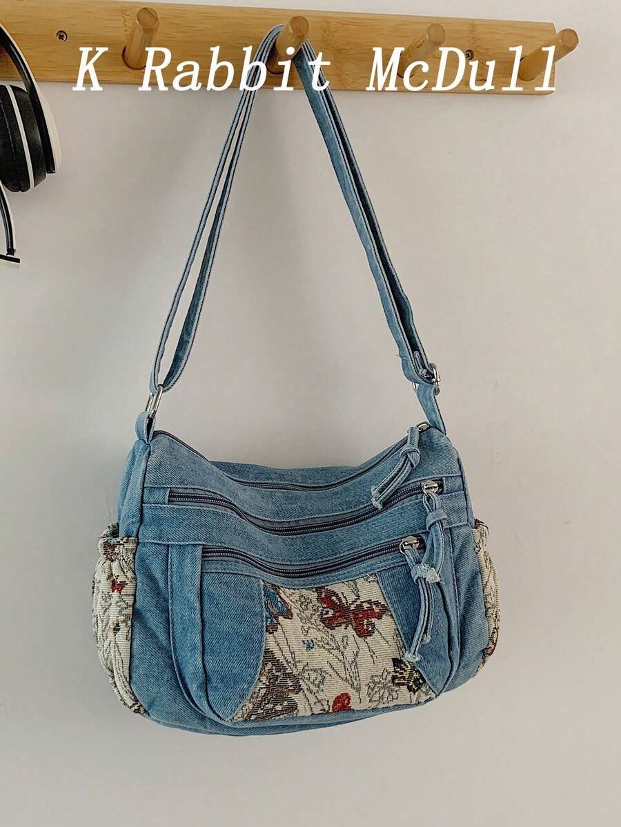 New Chic Casual Shoulder Bag Made Of Soft, Multi-Layered Denim With Multiple Pockets, Versatile, Suitable For Work, Shopping And Travel. - Army Green - View 1
