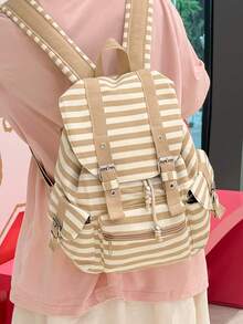 1pc Minimalist Large Capacity Multi-Pocket Striped Backpack - Khaki - View 4