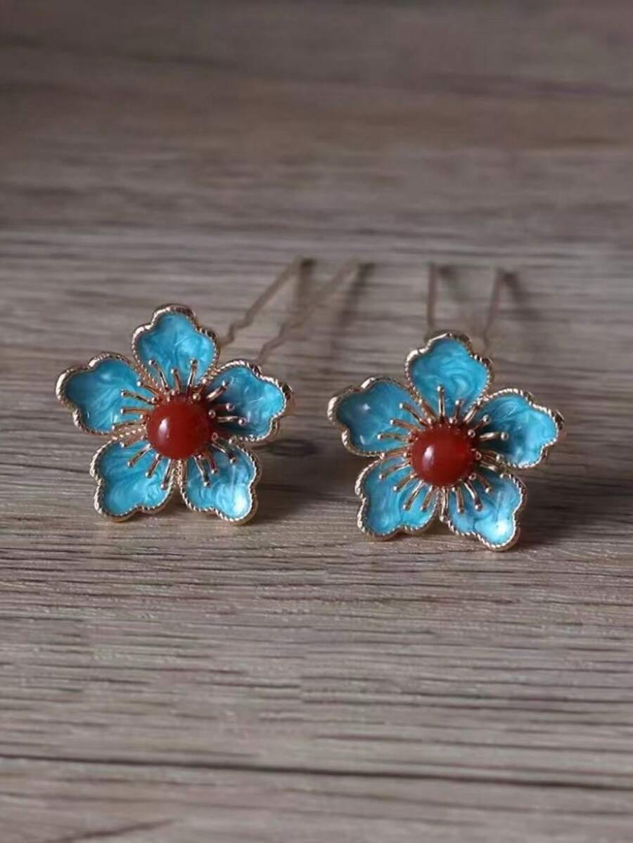 Blue Glazed Small Flower Hair Pin U-Shaped Hair Stick For Commuting Updo Hairstyles, Floral Hanfu Hair Pin, New Chinese Style Hair Accessory,Bun Extension - Multicolor - View 1