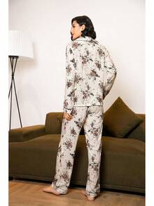 Conjunto de Pijama para Mujer con Cuello Recortado, Estampado Floral, Camisa con Botones y Pantalones Largos, Algodón, 2 Piezas, Ropa de Dormir - Negro - Ver 2