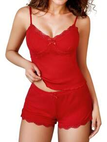 - Conjunto de pijama de punto acanalado suave para mujer, sexy, cuello en V, encaje con ribete de encaje, pantalones cortos con abertura lateral, ropa de dormir - Negro y leopardo. - Ver 20