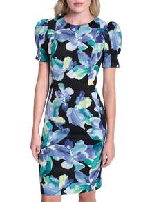 DKNY - Vestido de Manga Corta abombada hasta la Rodilla con Cierre Trasera expuesta - Combo de iris - Ver 10