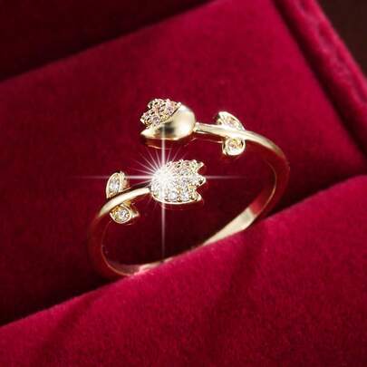 1 buah Cincin Wanita Bentuk Bunga Mawar yang Indah, Desain Terbuka dan Dapat Disesuaikan, Bertatahkan Zirkonia Kubik, Hadiah untuk Pasangan