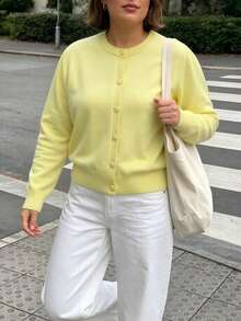 GIGOGOU 大尺碼 1XL-4XL 秋冬基礎款女式針織開襟衫，柔軟舒適休閒長袖毛衣上衣，秋季外套 - 黃色 - 查看 3
