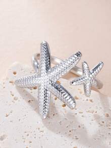 LIKGREAT 1pc Fashion Women's Stainless Steel Starfish Shell Open Ring, Unisex Minimalist Versatile Accessory, Niche Exquisite Daily Wear, Great Gift - Ocean Series - View 2