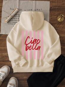 1pc Tween Girls Hooded Sweatshirt With Sweet Back Print, Pink Vertical Stripes Ciao Bella Handwritten Letter Pattern, Loose Fit Casual Pullover Sweatshirt, Gentle And Fresh Everyday Wear - Apricot - View 3