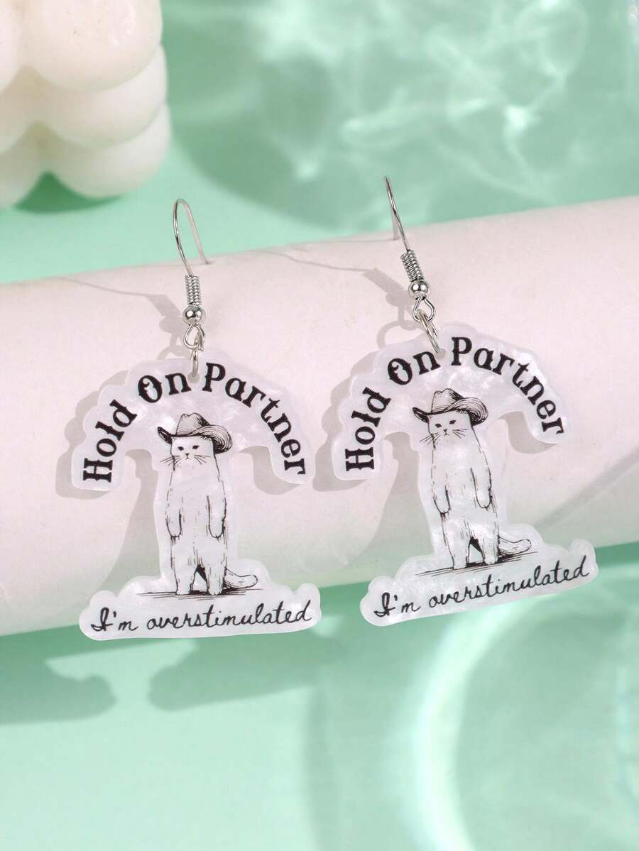 1對創意趣味時尚獨特口號西部貓咪「Hold On Partner I'm Overstimulated」壓克力耳環,女款日常穿戴派對飾品 - 彩色 - 查看 1