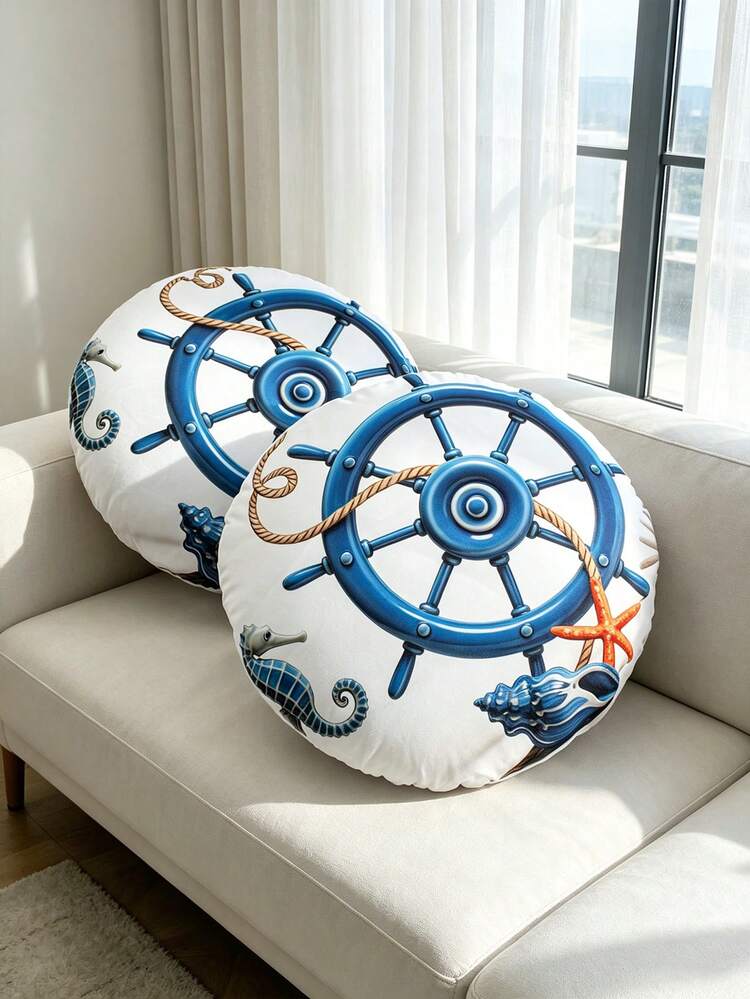 1件/2件裝 航海海岸風 錨船舵印花圓形抱枕套，海洋海星珊瑚貝殼裝飾靠墊套，四季通用沙發臥室陽邊屋裝飾枕套，僅含枕套，不含枕芯 - 彩色 - 查看 12