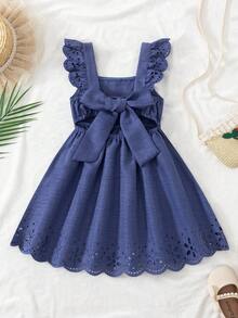 BASUSARRI Burnout Hollow Out Small Flutter Sleeve Square Neck Dress Back Detachable Bow Hem Hollow Out Straight Dress Versatile Elegant Lady Style Girls Dress - Navy Blue - View 4