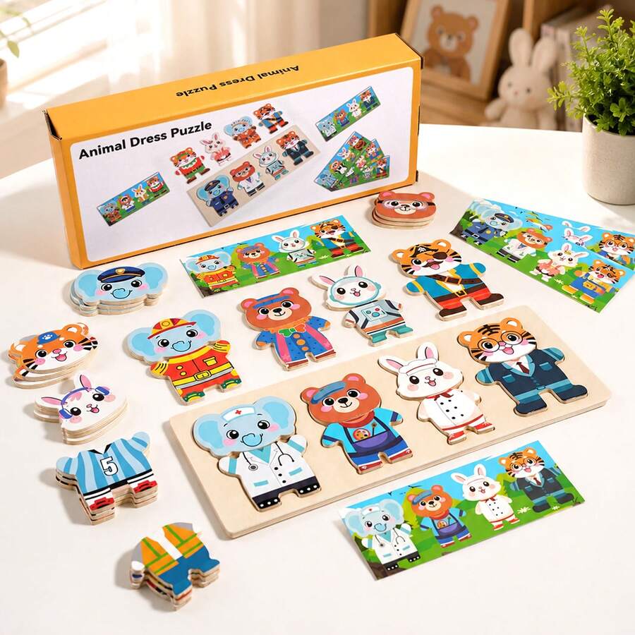 Cartoon Wooden Animal Dress-Up Puzzle, Bear Elephant Rabbit Tiger Change Clothes Puzzle Toy, Children's Thinking Early Education Puzzle Toy