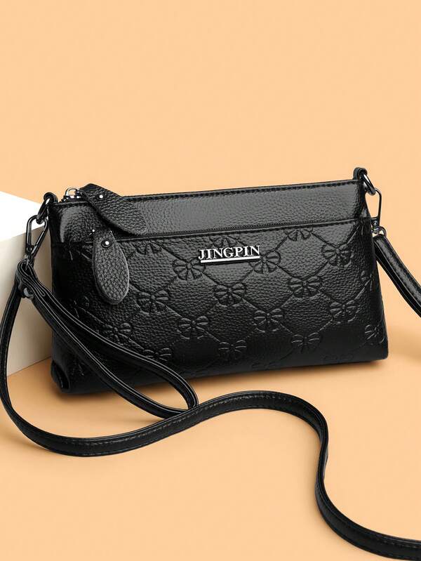 Women's Small Black Embossed Soft Leather Shoulder Crossbody Bag, Daily Commute Clutch Phone Bag