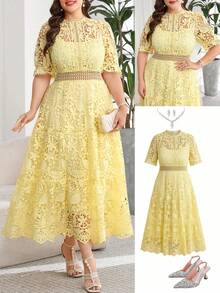 tido blanco de talla grande, vestido elegante para té, vestidos de verano de talla grande, vestidos curvy de talla grande, vestidos para bodas y eventos, vestido de malla, vestido para salir - Amarillo - Ver 1