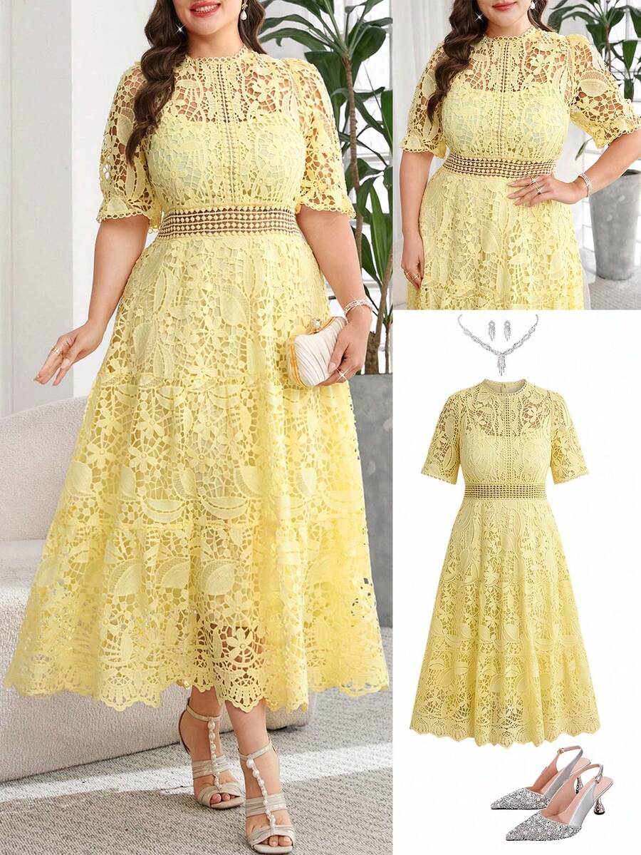 tido blanco de talla grande, vestido elegante para té, vestidos de verano de talla grande, vestidos curvy de talla grande, vestidos para bodas y eventos, vestido de malla, vestido para salir - Amarillo - Ver 1