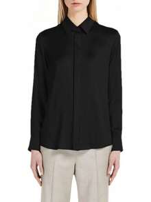 Blusa de seda de manga larga brillante para mujer, con botones y solapa formal - Azul marino - Ver 11