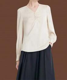 Blusa formal de manga larga con pliegues de seda con cuello en V, manga abullonada para mujer - Azul marino - Ver 2