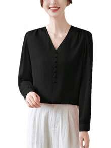Blusa de manga larga plisada de seda con abalorio y cuello en V para mujer - Morado - Ver 14