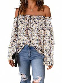 Spriolim - Blusa de gasa de manga larga con volantes y hombros descubiertos para mujer - Azul / Patchwork - Ver 13