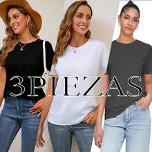 Paquete de 3 Playeras para Mujer, Camisetas de Cuello Redondo Clásico, Corte Holgado, 200g, Lavable a Máquina, No se Decolora ni Encoge - Negro+Blanco+Gris - Ver 2