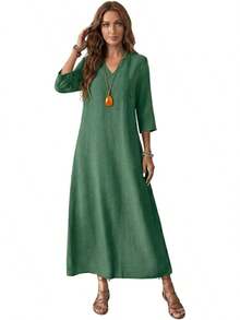 Genérico Vestido Largo de Lino de Algodón para Mujer,Manga 3/4,Vestido de Moda con Cremallera Trasera,Vestidos Largo Casual,para Playa,Invitado - Blanco - Ver 10