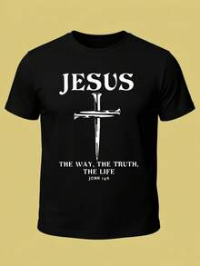 Oversized Men'S Casual Short-Sleeve T-Shirt Featuring A Banner Design - 黑色 - 查看 7